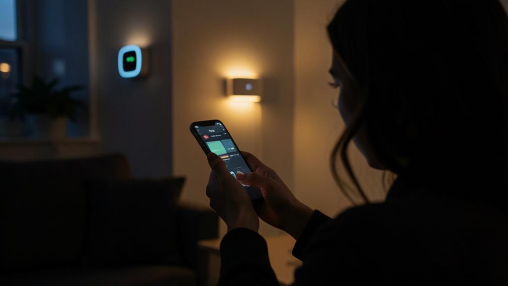 Una persona usa un smartphone para controlar dispositivos inteligentes en una habitación con poca luz.