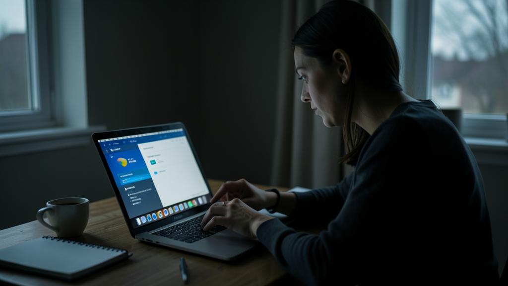 A woman is using a MacBook in a dimly lit room, with the screen displaying a system settings interface.