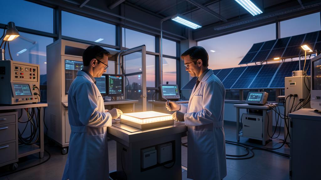 Deux scientifiques en blouse blanche examinent un dispositif lumineux dans un laboratoire, avec des panneaux solaires visibles à l'extérieur.