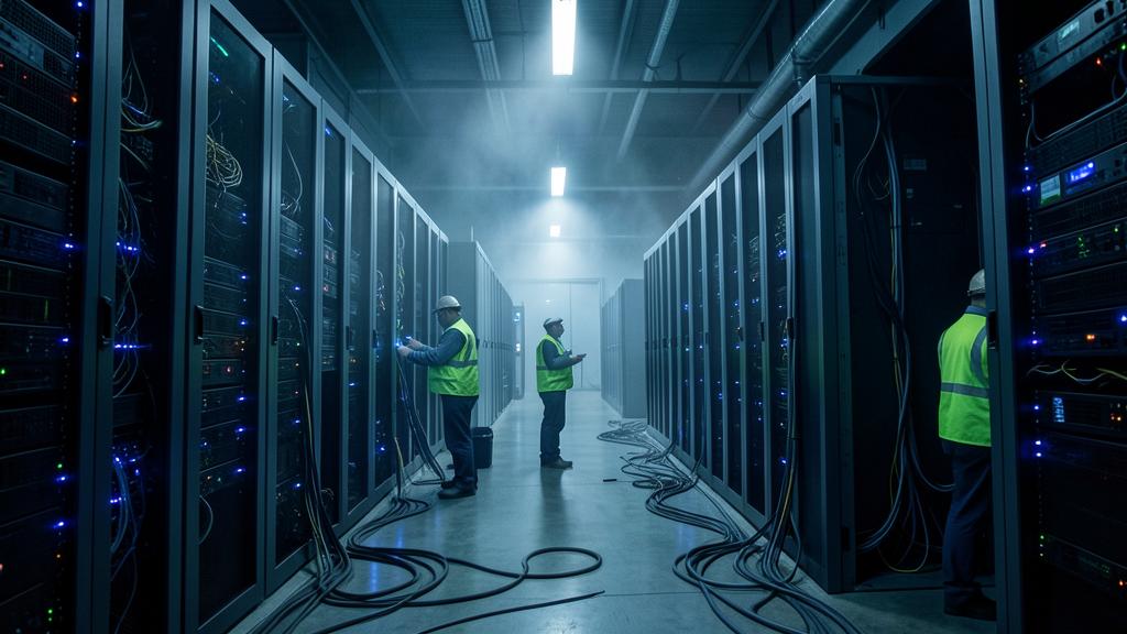 Trois techniciens en casque et gilet de sécurité travaillent dans une salle de serveurs remplie de racks et de câbles.
