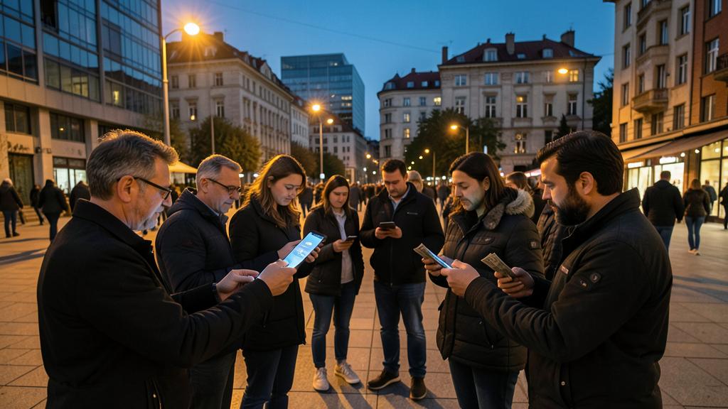 Un grupo de personas mira sus smartphones en una ciudad al atardecer.