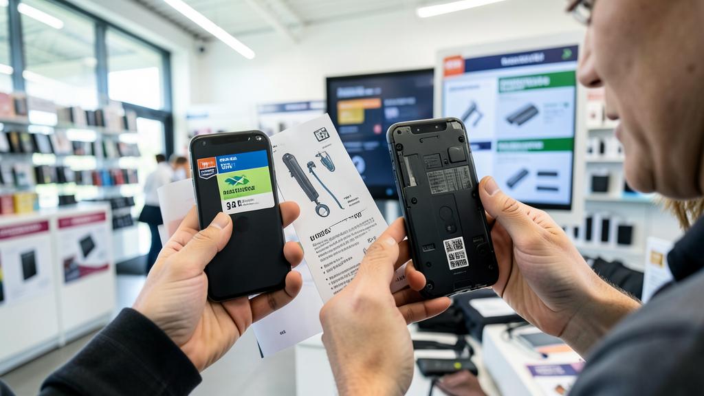 Une personne tient un smartphone avec une étiquette de réparabilité et un téléphone ouvert, montrant ses composants internes, dans un magasin d'électronique.