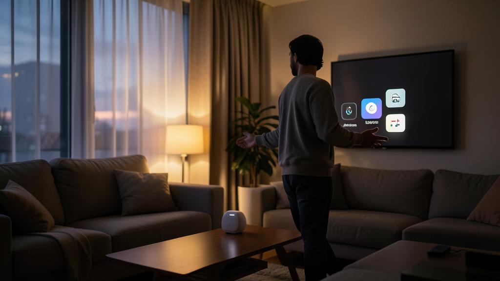 Ein Mann interagiert mit einer Smart-Home-Oberfläche, die auf einen Fernsehbildschirm projiziert wird, mit einem Smart-Speaker auf dem Couchtisch.