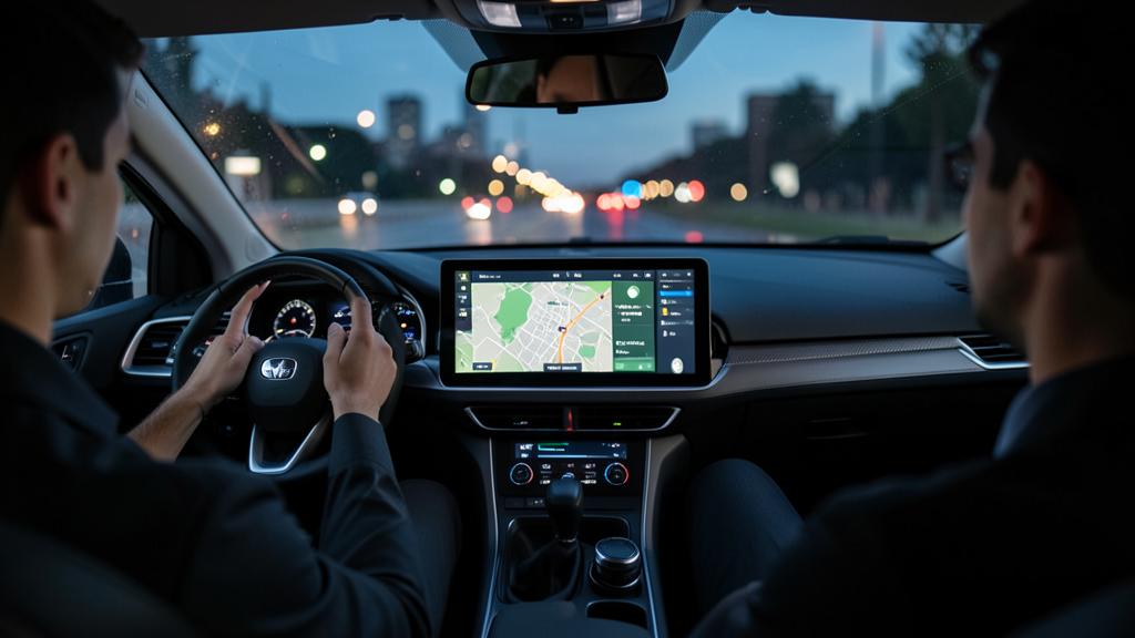 The interior of a modern car with a large touchscreen displaying a navigation map.