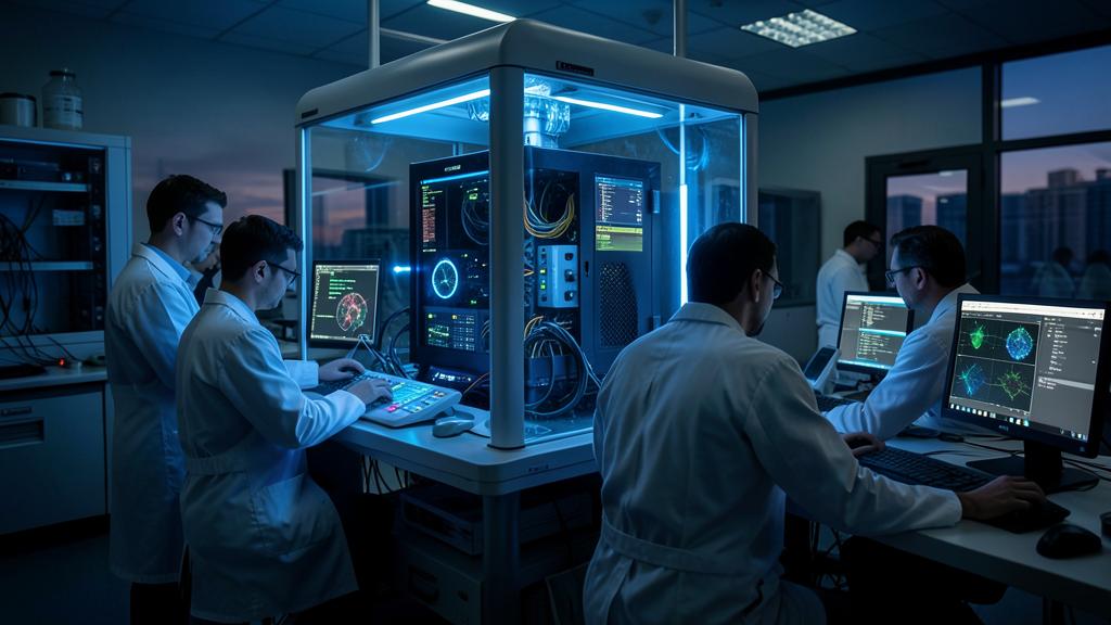 Des scientifiques travaillent sur un ordinateur quantique dans un laboratoire.