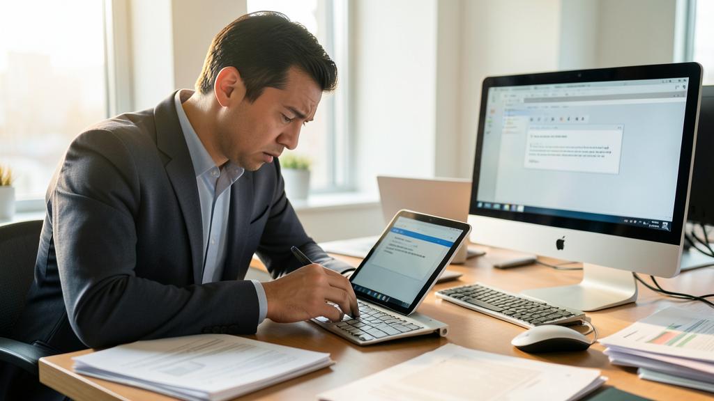 A man in a suit uses an iPad with a stylus, connected to a keyboard, next to a desktop computer.