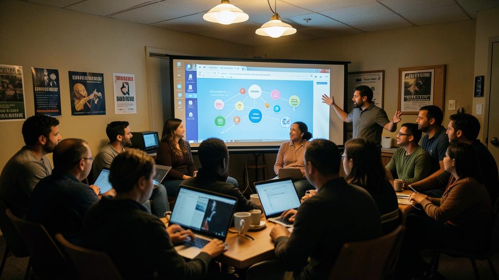A group of people in a meeting room discuss a social network diagram displayed on a large screen.