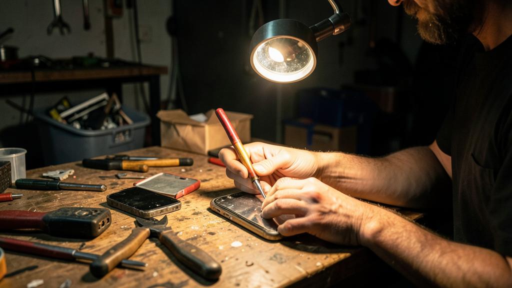 Un homme répare un smartphone avec un tournevis sur un établi sous une lampe.