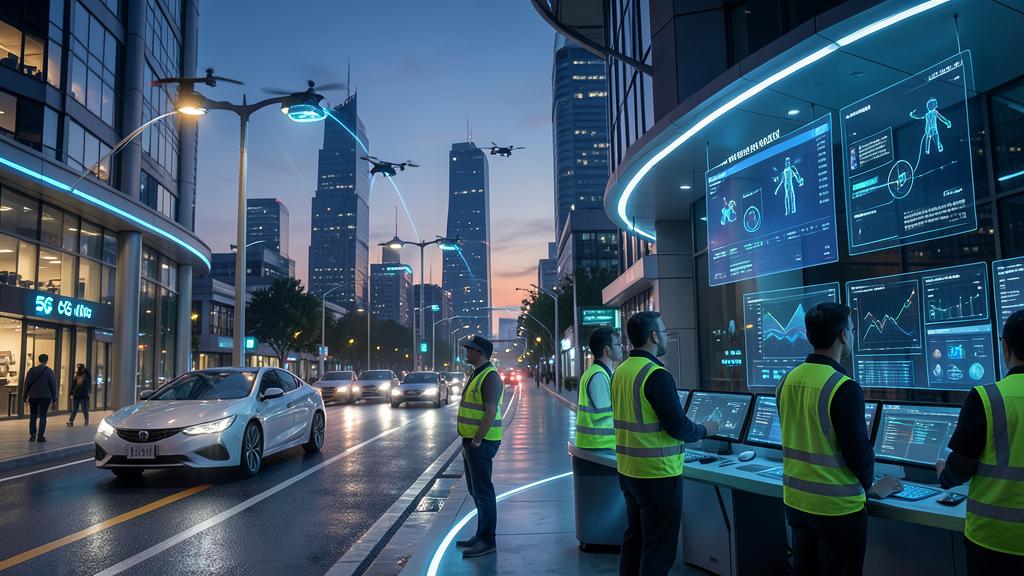 Une rue futuriste au crépuscule avec des voitures autonomes, des drones et des écrans de contrôle.