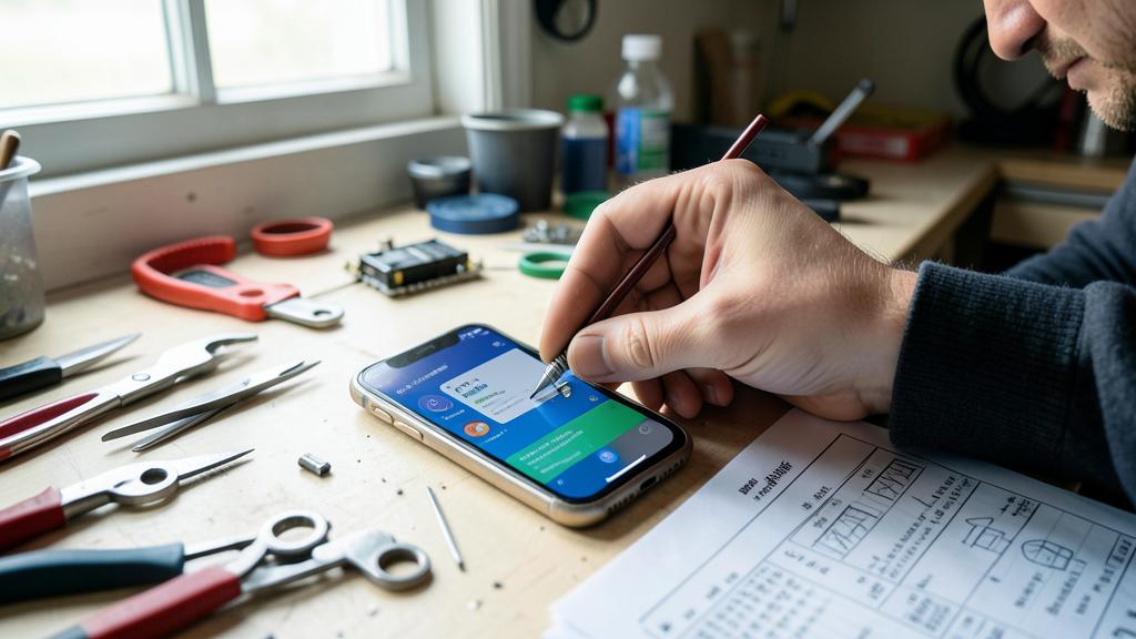 Una persona usa un estilógrafo en un smartphone rodeado de herramientas y componentes electrónicos.