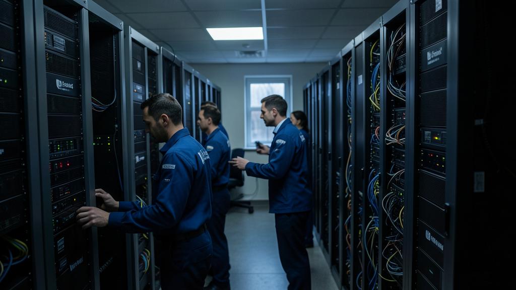 Varios técnicos con uniformes azules trabajan en racks de servidores en un centro de datos.
