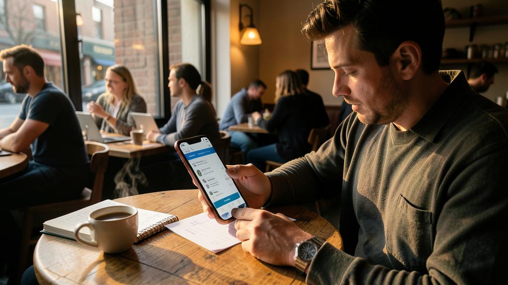 A man uses a travel app on his smartphone in a coffee shop.