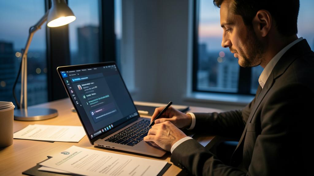 Un homme en costume travaille sur un ordinateur portable et rédige un document, avec des papiers et une tasse de café à proximité.