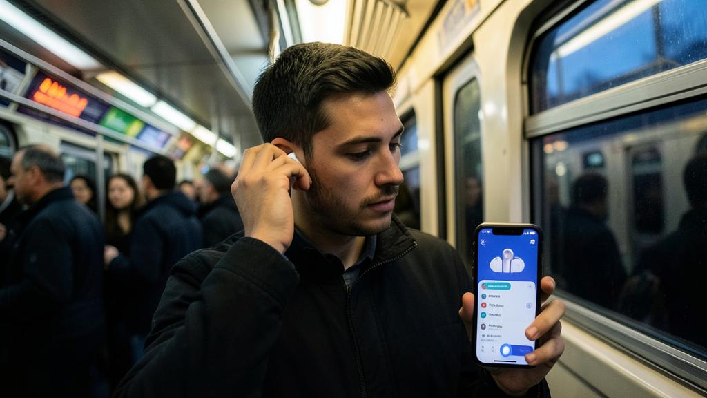 Un hombre está insertando un AirPod en su oído mientras revisa la configuración en su smartphone.