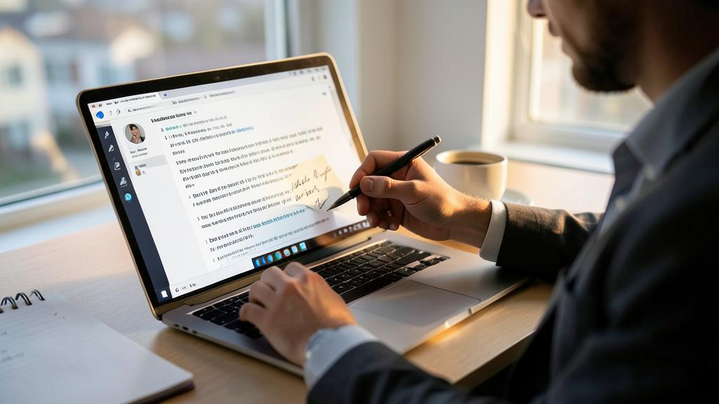 Un hombre con traje usa una computadora portátil con un lápiz óptico para editar un documento.