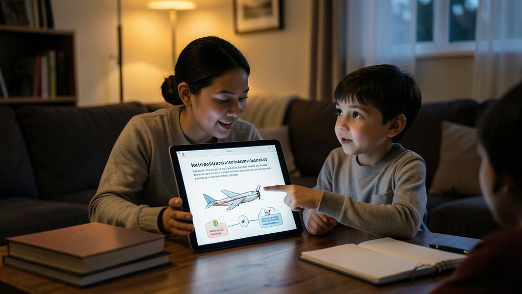 Une femme et un jeune garçon regardent un diagramme éducatif sur un avion à l'écran d'une tablette.