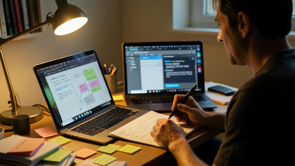 Un homme travaille à un bureau avec deux ordinateurs et prend des notes sur papier.