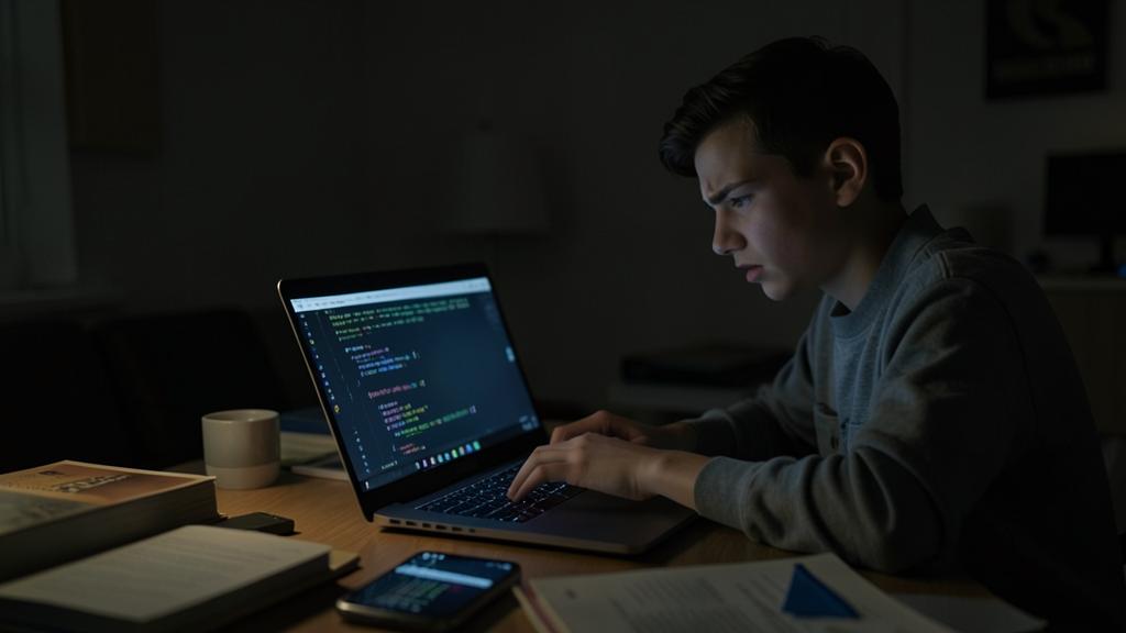 Une personne code sur un ordinateur portable dans une pièce faiblement éclairée.