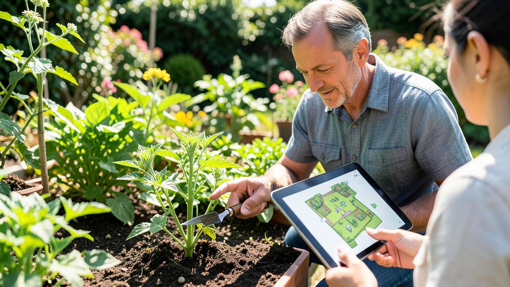 Un homme âgé et une personne plus jeune consultent un plan de jardin sur une tablette tout en travaillant dans un jardin.