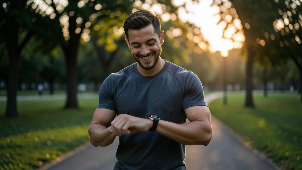 Un hombre sonríe mientras mira su reloj inteligente en un parque al atardecer.