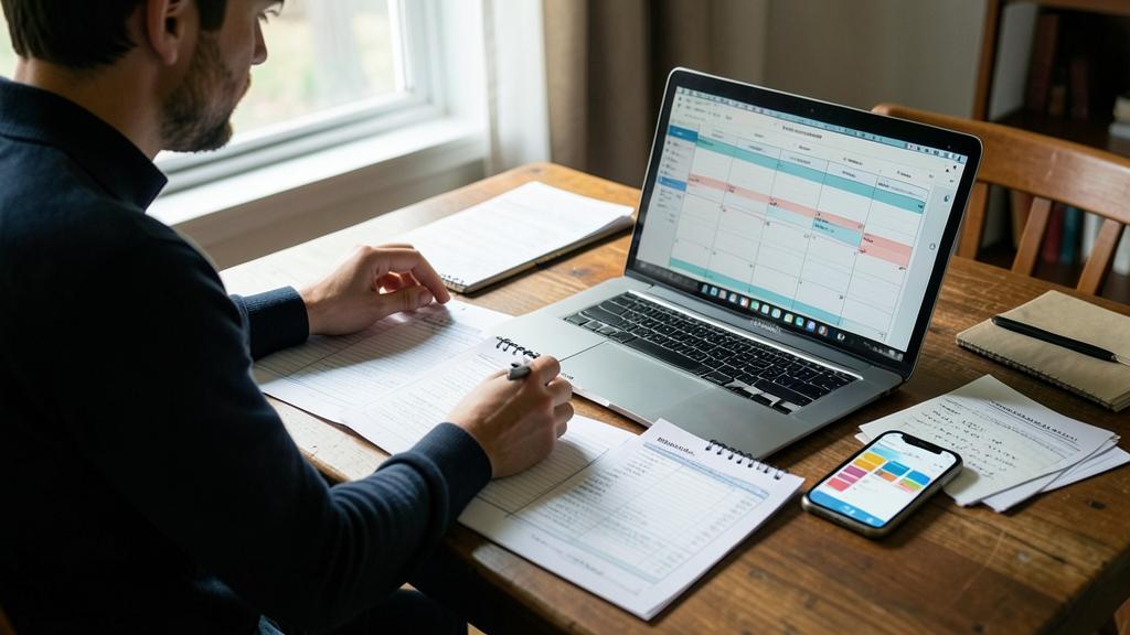 A man is working at a wooden desk with a laptop, a notebook, and a smartphone.