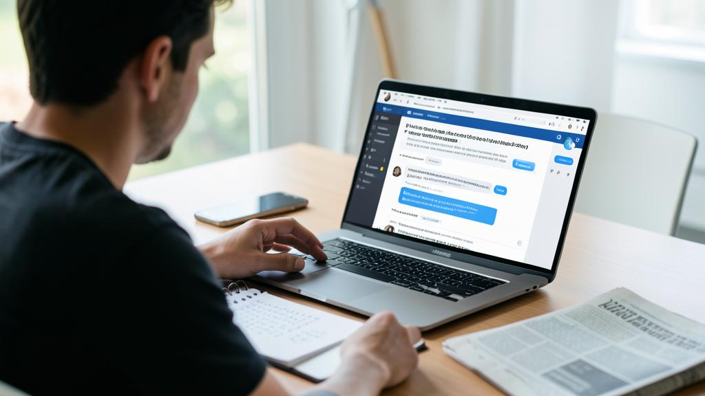 Ein Mann sitzt an einem Schreibtisch und nutzt einen Laptop mit einer KI-Chat-Oberfläche, während er einen Stift über ein Notizbuch hält.