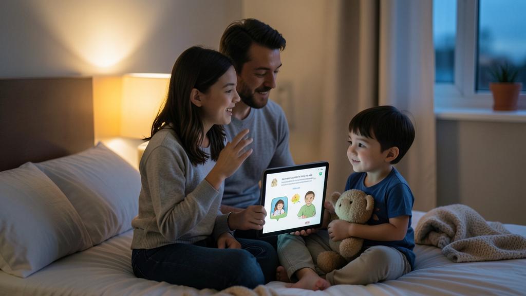 Une famille utilise une tablette affichant une application pour enfants avec des personnages dessinés.