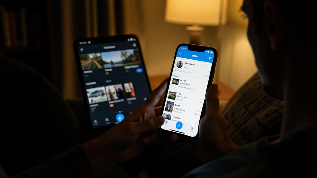 Une personne utilise un smartphone et une tablette dans une pièce faiblement éclairée, affichant une application de gestion de photos.