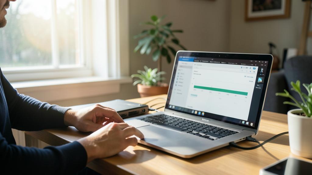Una persona usa un portátil con una interfaz de transferencia de datos en la pantalla.