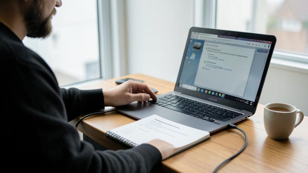 Un homme utilise un MacBook sur un bureau en bois avec un carnet et une tasse de café.