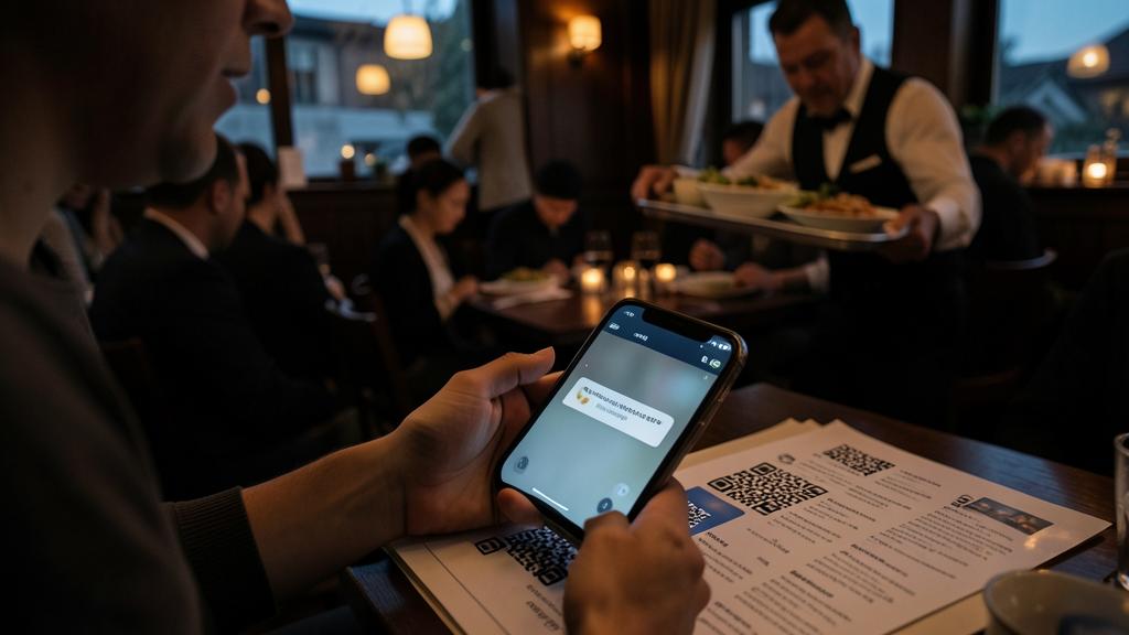 Eine Person scannt einen QR-Code auf einer Speisekarte in einem Restaurant, mit einem Kellner im Hintergrund.