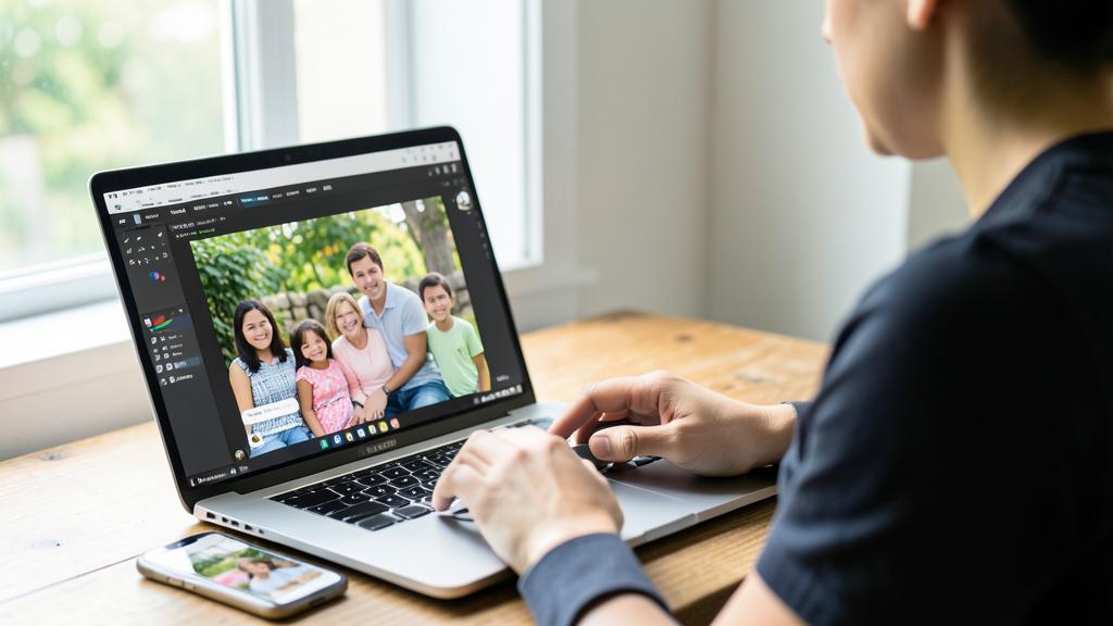 Une personne utilise un logiciel de retouche photo sur un ordinateur portable pour éditer un portrait de famille, avec un smartphone affichant la même image à côté.