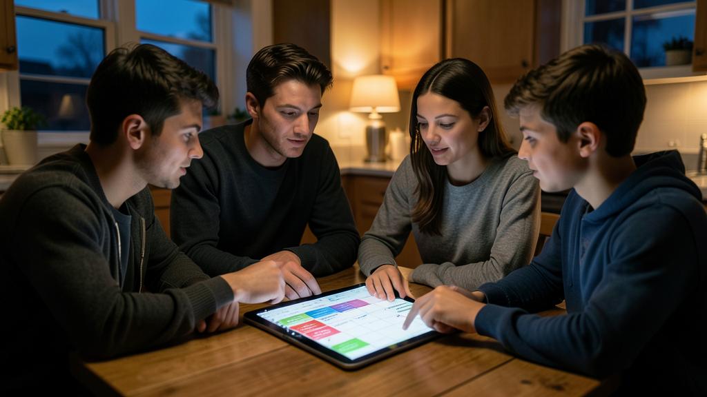 A family of four gathers around a kitchen table, looking at a colorful calendar on a tablet.