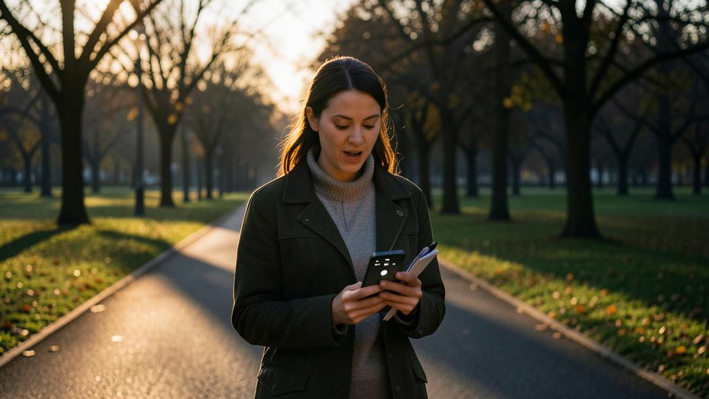 Une femme marche dans un parc en utilisant une fonctionnalité de dictée vocale sur son smartphone.