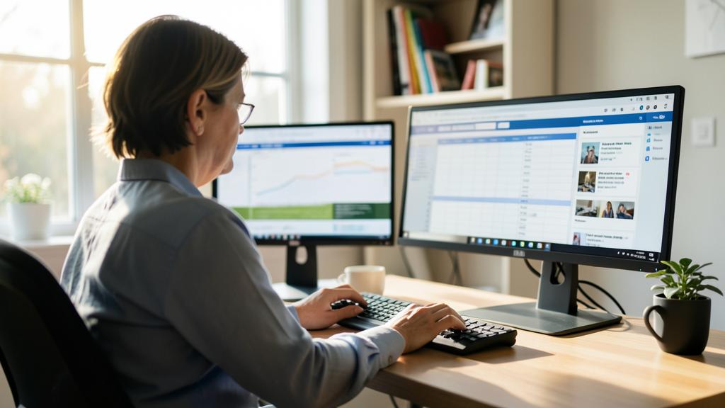 Une personne utilise un ordinateur avec deux écrans, l'un affichant un graphique et l'autre une interface d'application.