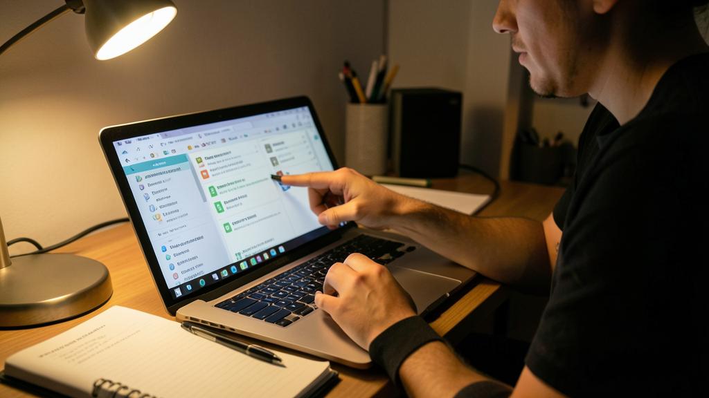 A man is using a laptop with a list of bookmarks displayed on the screen.