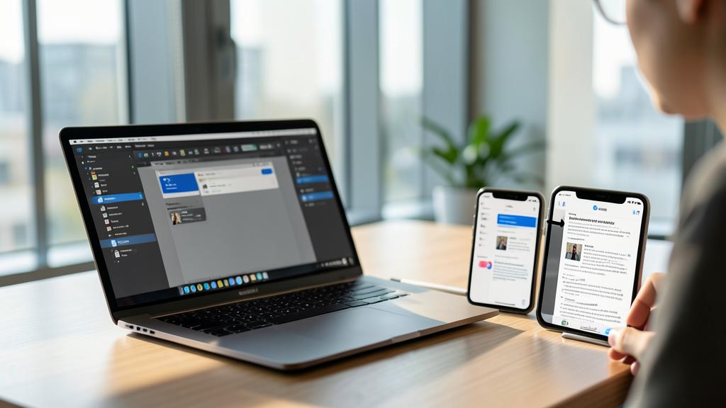 Une personne utilise un MacBook avec l'interface macOS, accompagnée de deux iPhones affichant une application synchronisée.