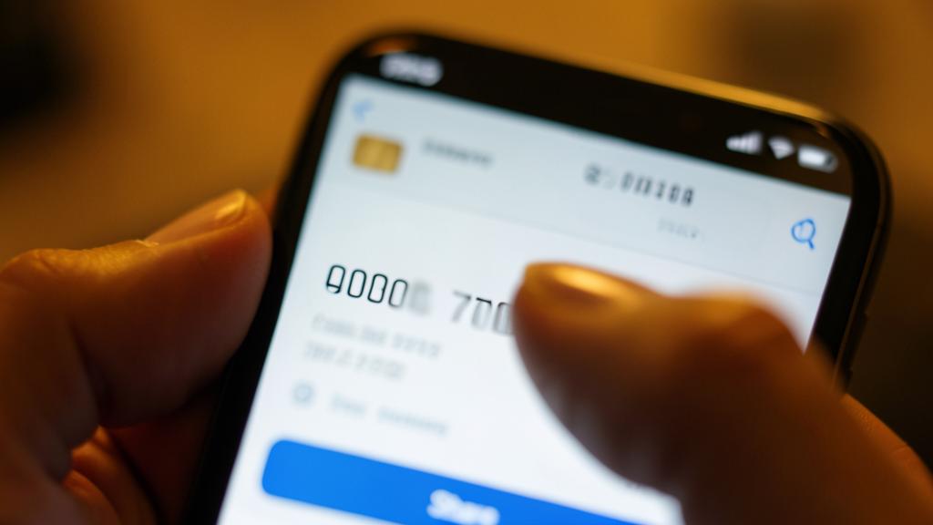 A person's hands hold a smartphone displaying a financial app with a partially visible credit card number.