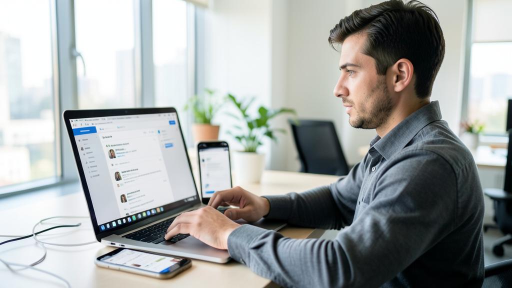 Un homme utilise un ordinateur portable et deux smartphones pour gérer des fichiers dans le cloud.