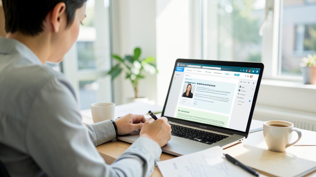 A person is using a laptop to design a newsletter.