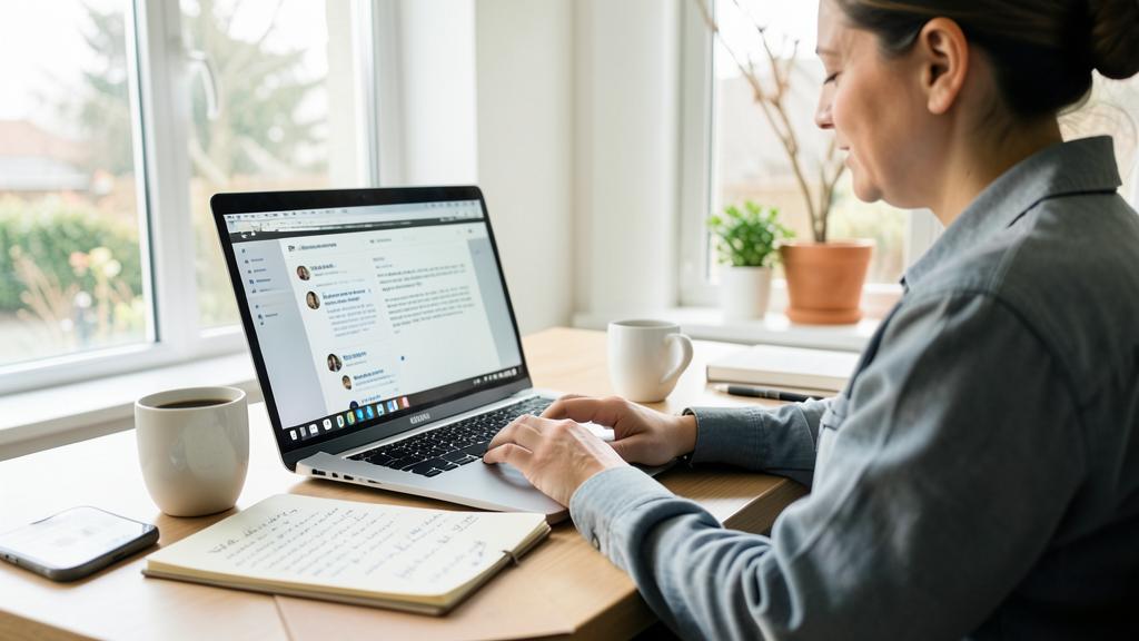 Una mujer trabaja en una computadora portátil que muestra una plataforma de blogs, con un cuaderno, una taza y un smartphone cerca.
