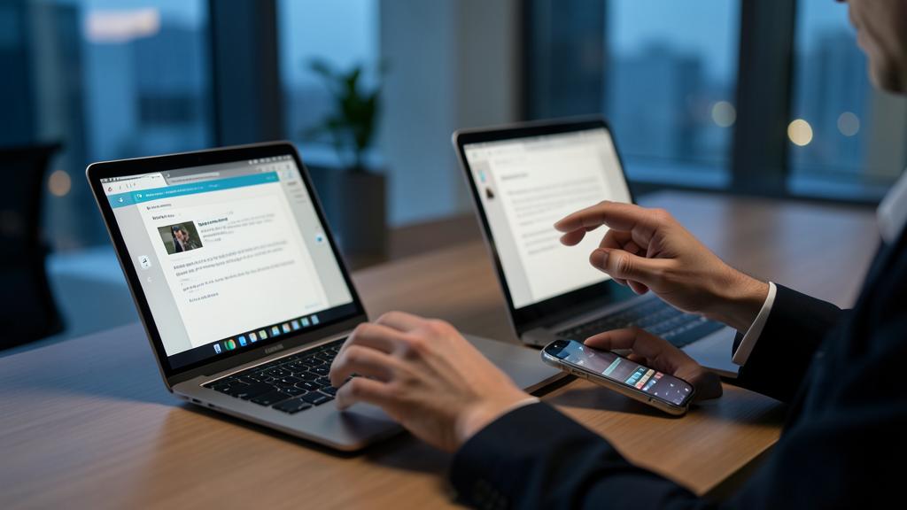 Une personne en costume utilise un MacBook, un iPhone et un autre ordinateur avec des contenus synchronisés.