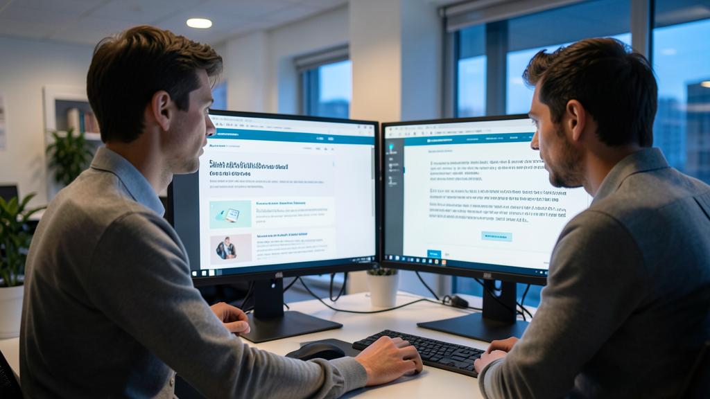 Two men are looking at screens displaying web pages in different languages.