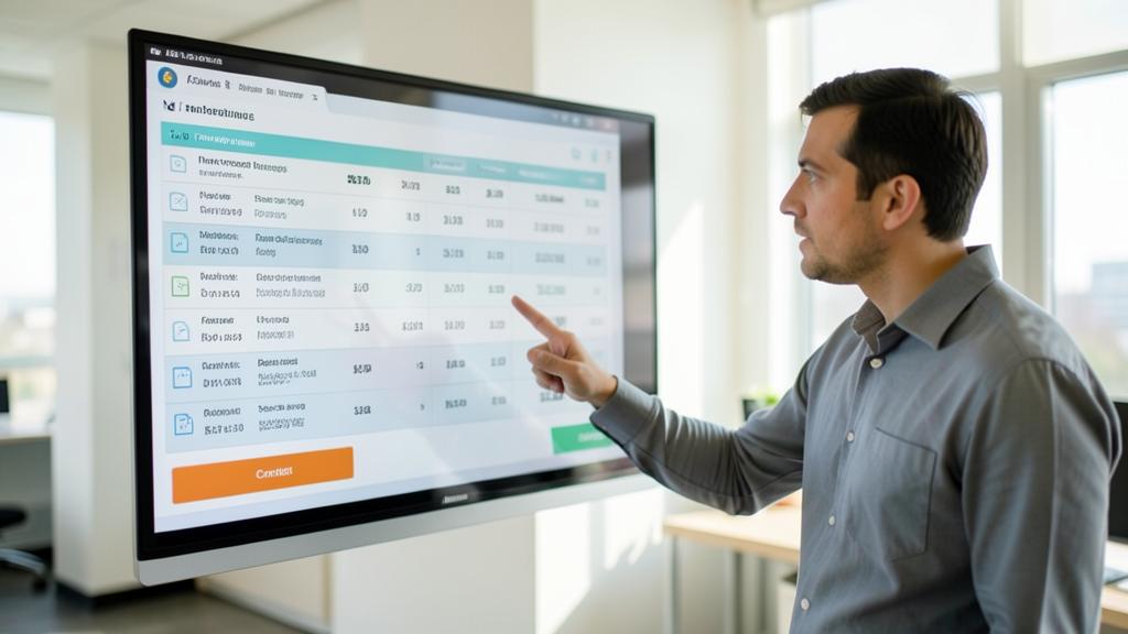 A man points at a screen showing a price table in a business setting.