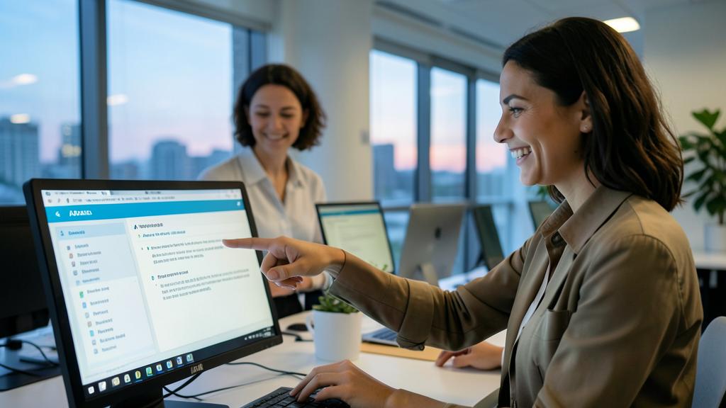 Two women in an office discuss a FAQ page displayed on a computer screen.