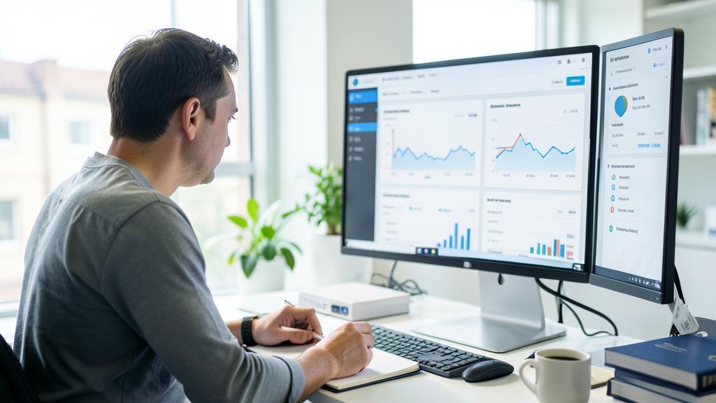 A man takes notes in front of screens displaying website analytics dashboards.