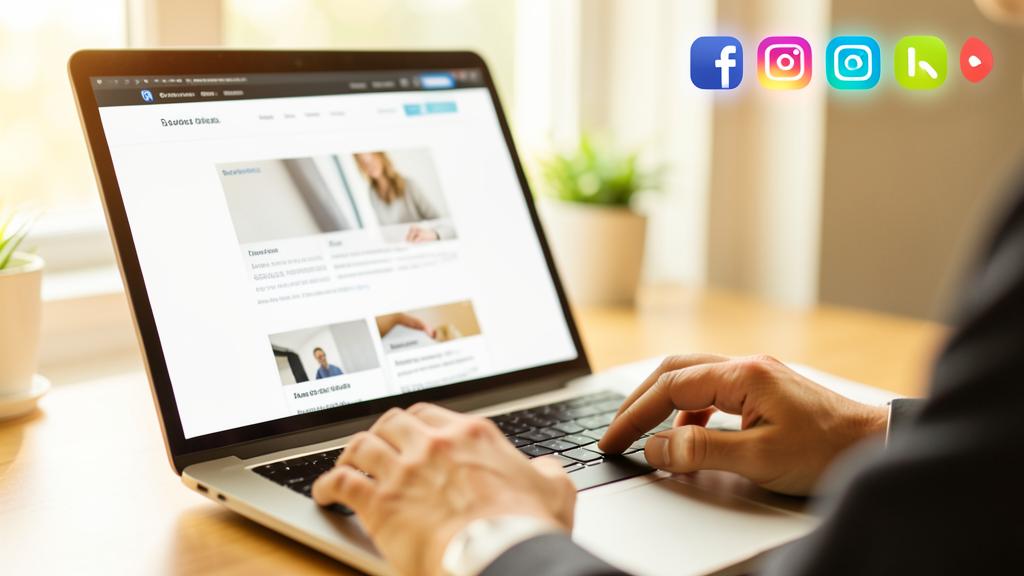 Eine Person tippt auf einem Laptop, der eine Website mit Social-Media-Icons anzeigt.