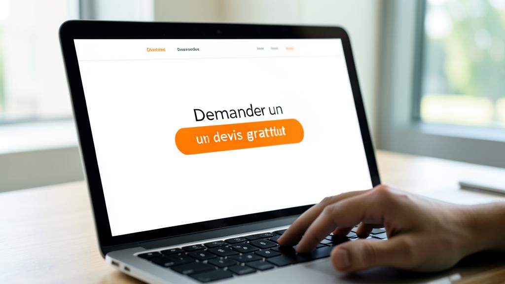 Une main tape sur un clavier d'ordinateur, l'écran affichant un site web avec un bouton orange.