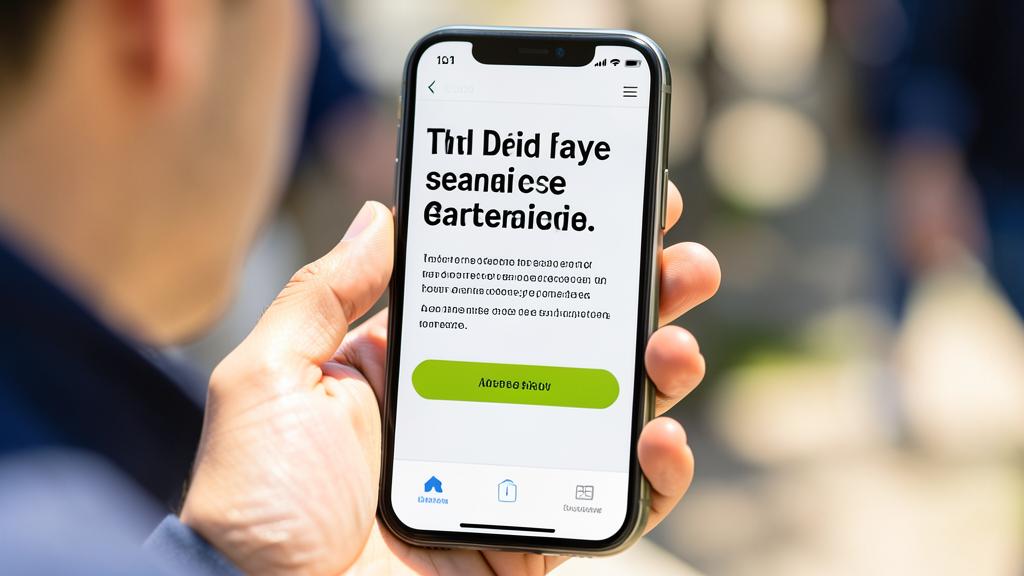 Une personne tient un smartphone affichant un site mobile avec un bouton vert et un message.