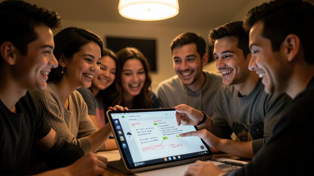 Eine Gruppe junger Erwachsener lächelt, während sie eine digitale Whiteboard-App auf einem Tablet nutzt.